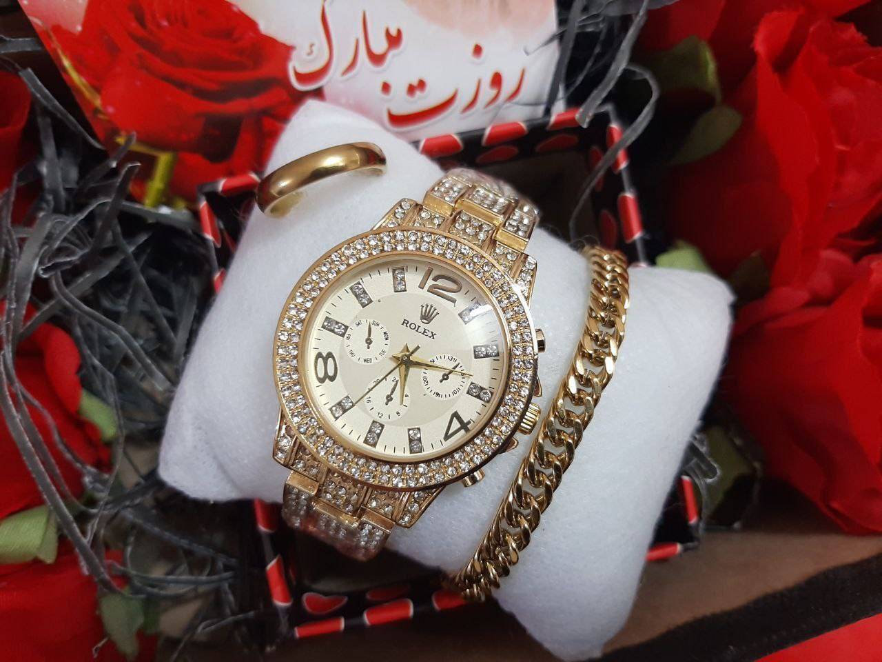 ساعت فول نگین رولکس همراه با دستبند کارتیر و حلقه