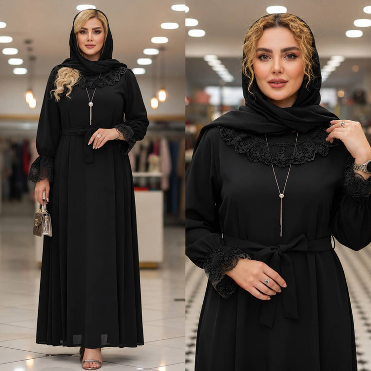 پیراهن عبای زنانه گیپور دار بلند شیک